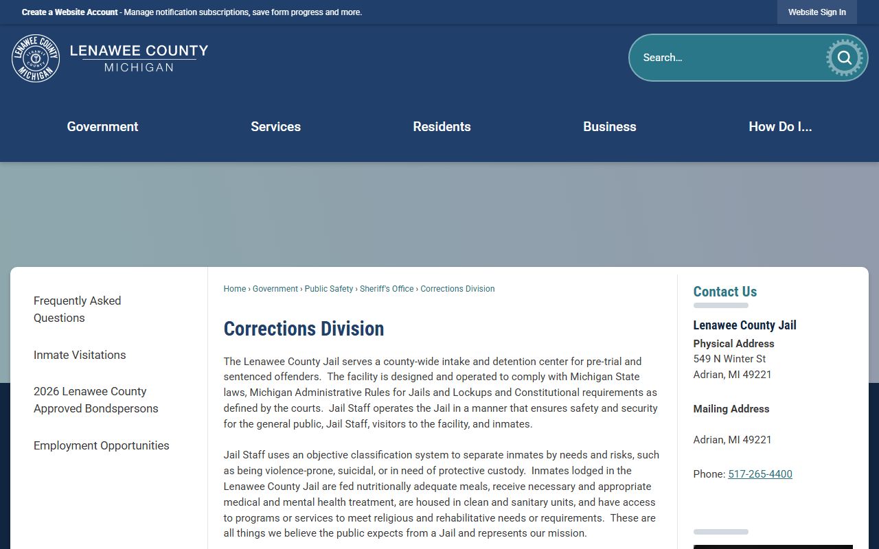 Lenawee County jail inmate population and corrections division information