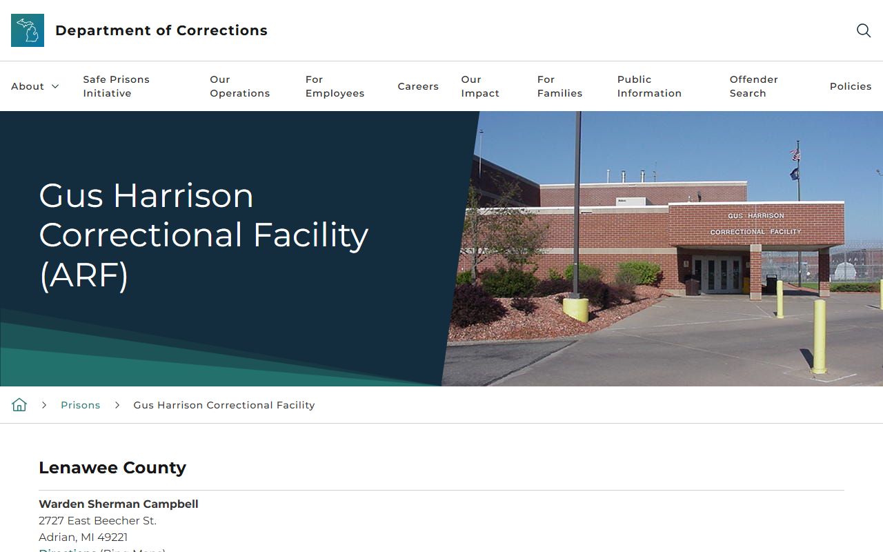 Lenawee County state prison inmate population page for Gus Harrison Correctional Facility
