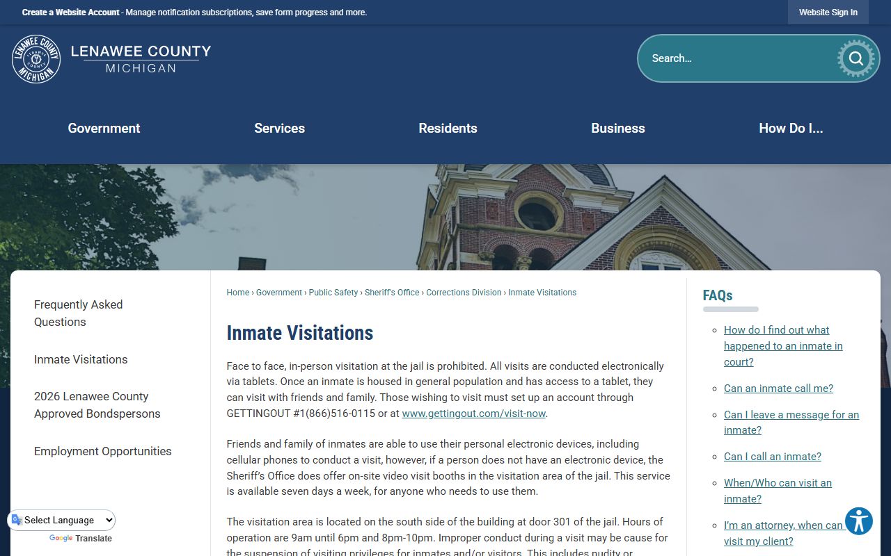 Lenawee County Jail inmate visitation rules and Door 301 video booth hours