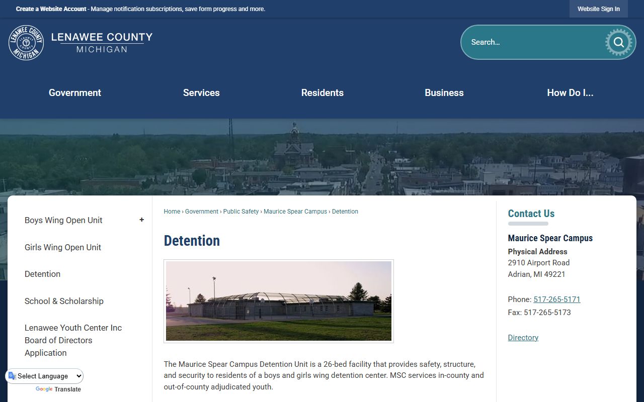 Maurice Spear Campus secure juvenile detention unit information in Lenawee County