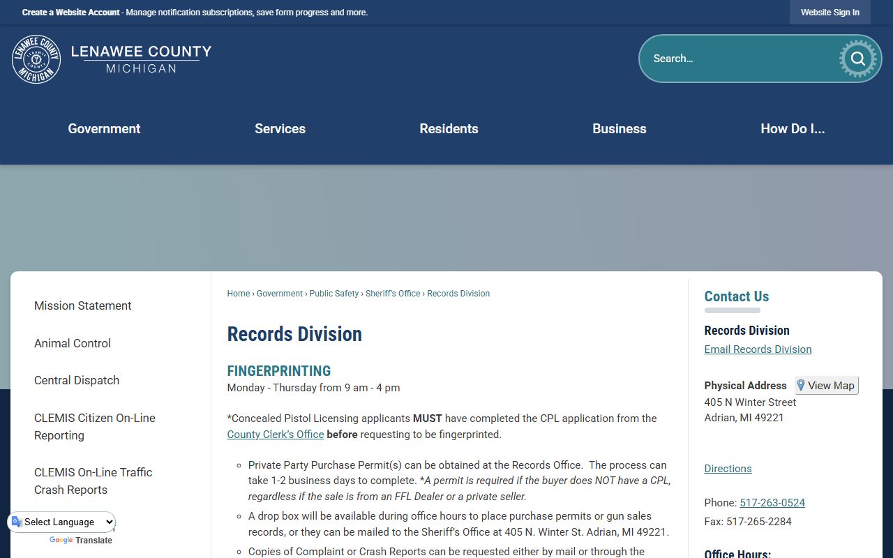 Lenawee County inmate records request information from the Sheriff's Records Division