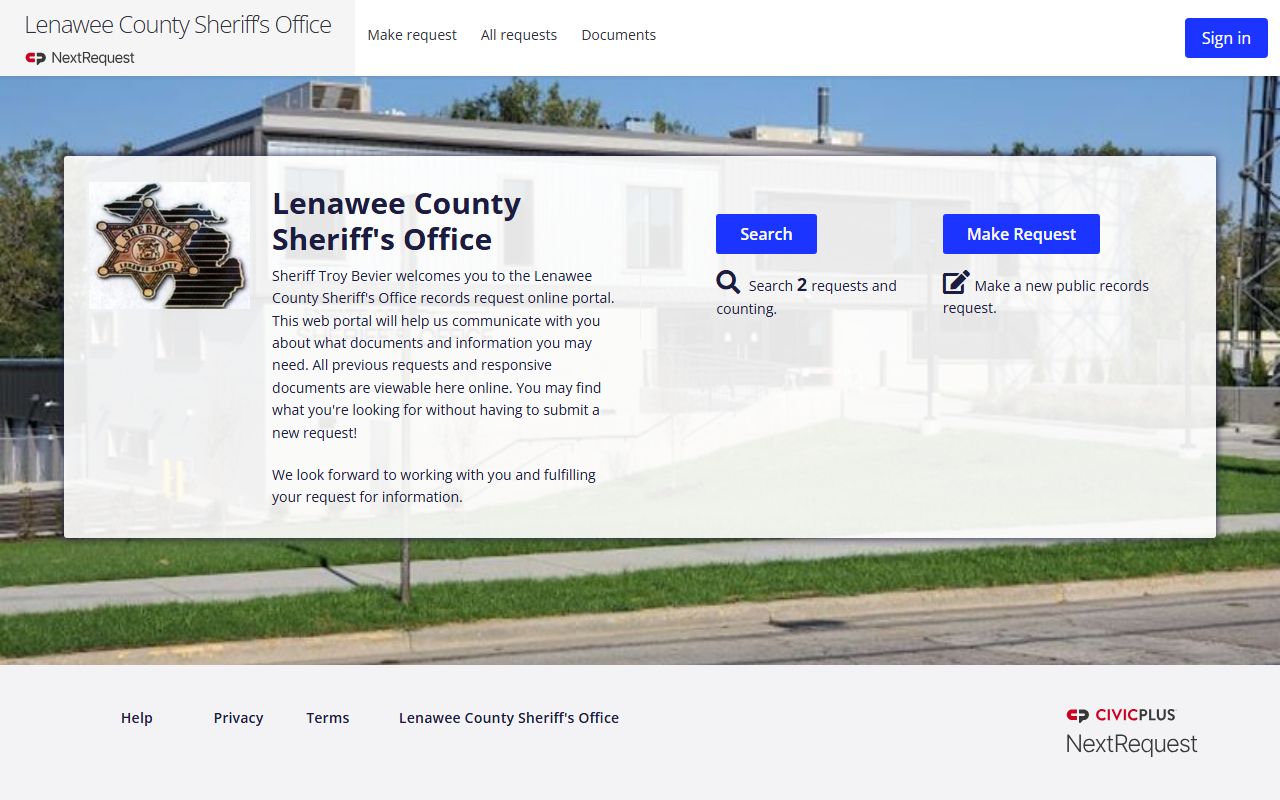 Lenawee County jail mugshot request route through the Sheriff's Office NextRequest portal